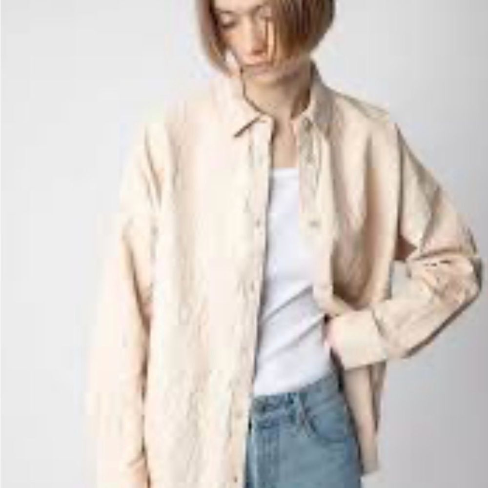 Zadig Tamara Crinkled Leather Shirt Jacket Beige Oversized Button-Up Jacket